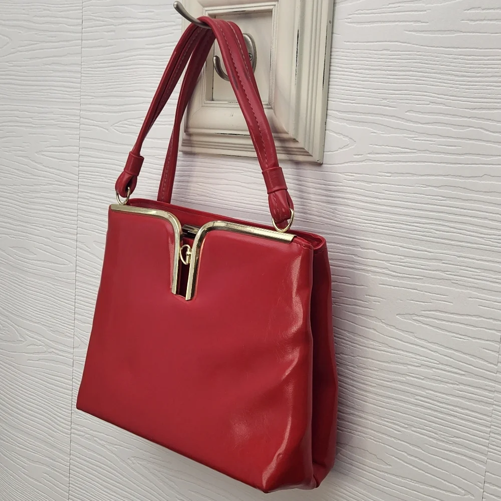 VTG 1950’s Red Faux Leather Handbag w/ Double Top Handles & Gold Hardware Read